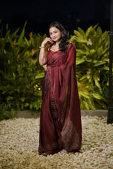 Party-wear Designer Fendy Satin Silk khatli Cut Dana Handwork Saree