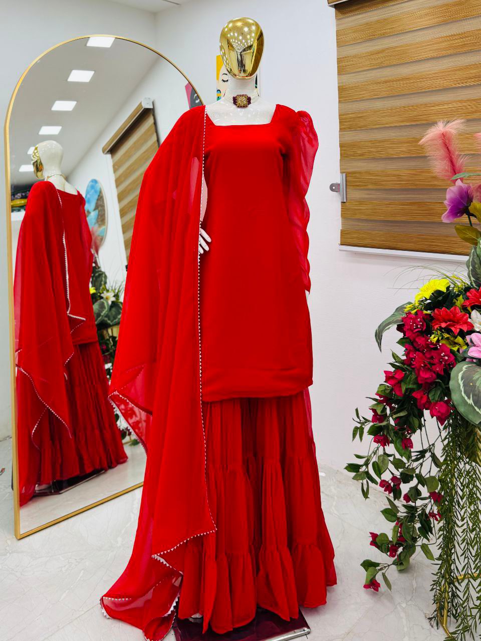 Party-wear Georgette Lace Work Top Palazzo & Dupatta Set