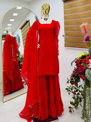 Party-wear Georgette Lace Work Top Palazzo & Dupatta Set