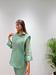 Trendy Stylish Salsa Silk Designer Shirt & Pant With Hand Embroidery Shrug