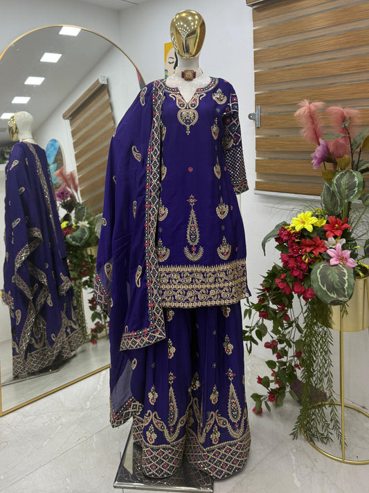 Party-wear Chinon Silk Embroidery Sequence Work Sharara