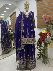 Party-wear Chinon Silk Embroidery Sequence Work Sharara