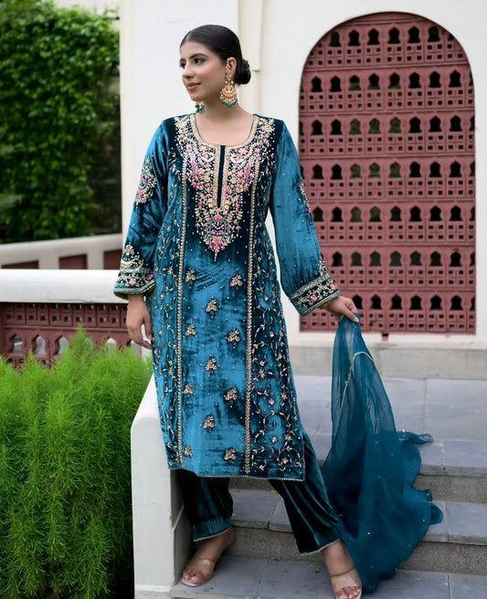 Designer  Heavy Pure Viscose Velvet Embroidery Sequence Work Suit