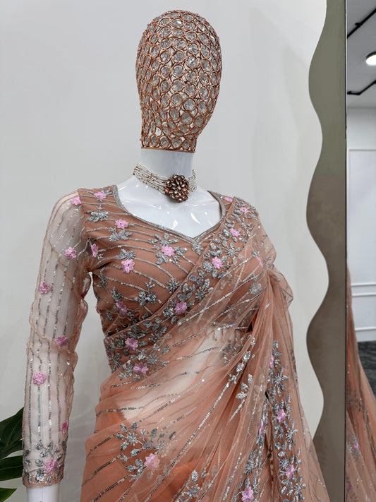 Party-wear Soft Net Thread With Sequence Work Designer Saree