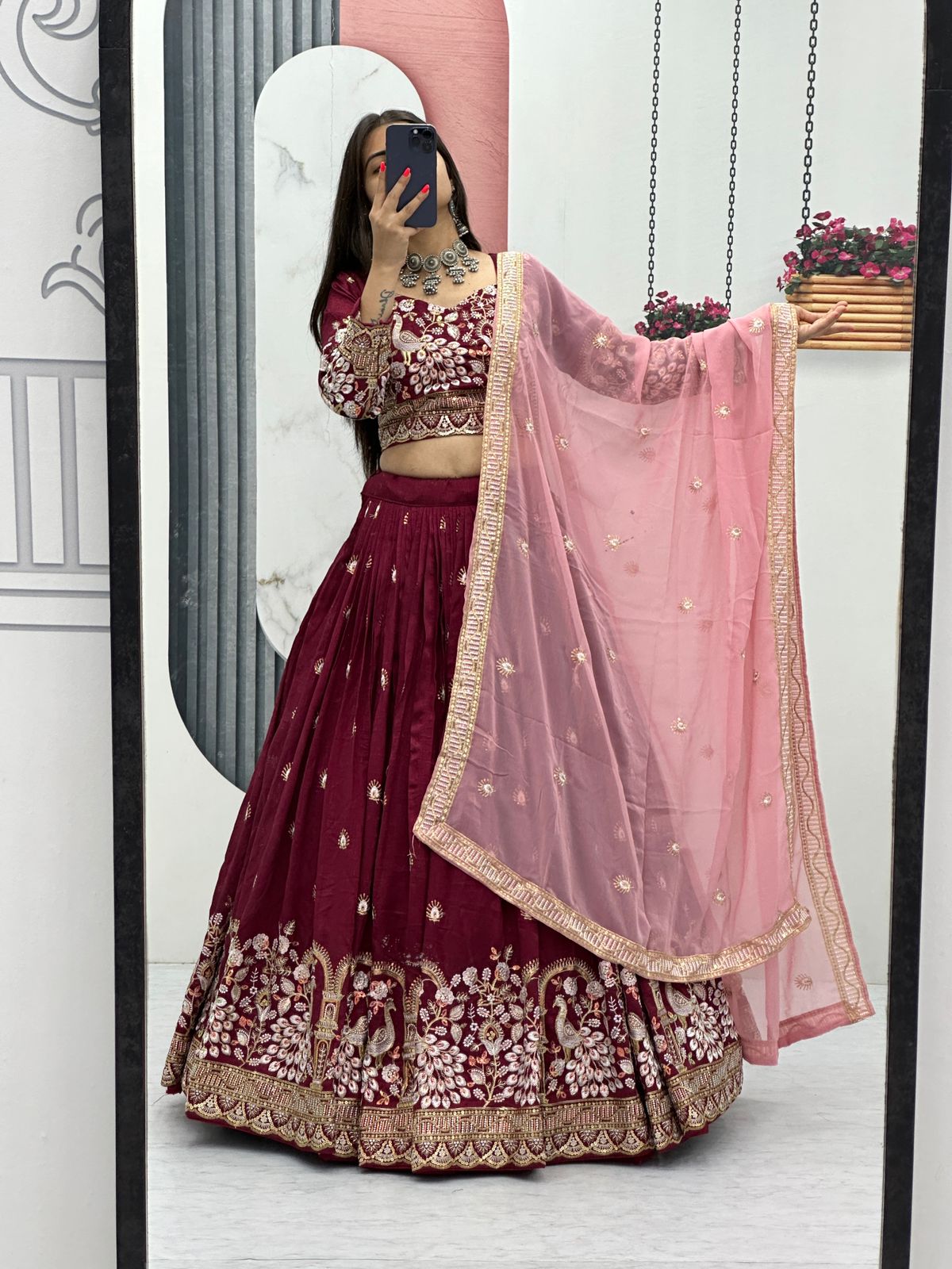 Festival Special Vichitra Silk Embroidery Thread & Sequence Work Lehenga With Stitched Blouse