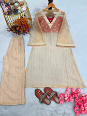 Designer Golden Tissue Salsa Embroidery Sequence Work Three Piece Kurta Set