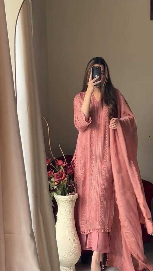 Trendy Chinon Top & Plazo Set With Cotton Thread Embroidery Work