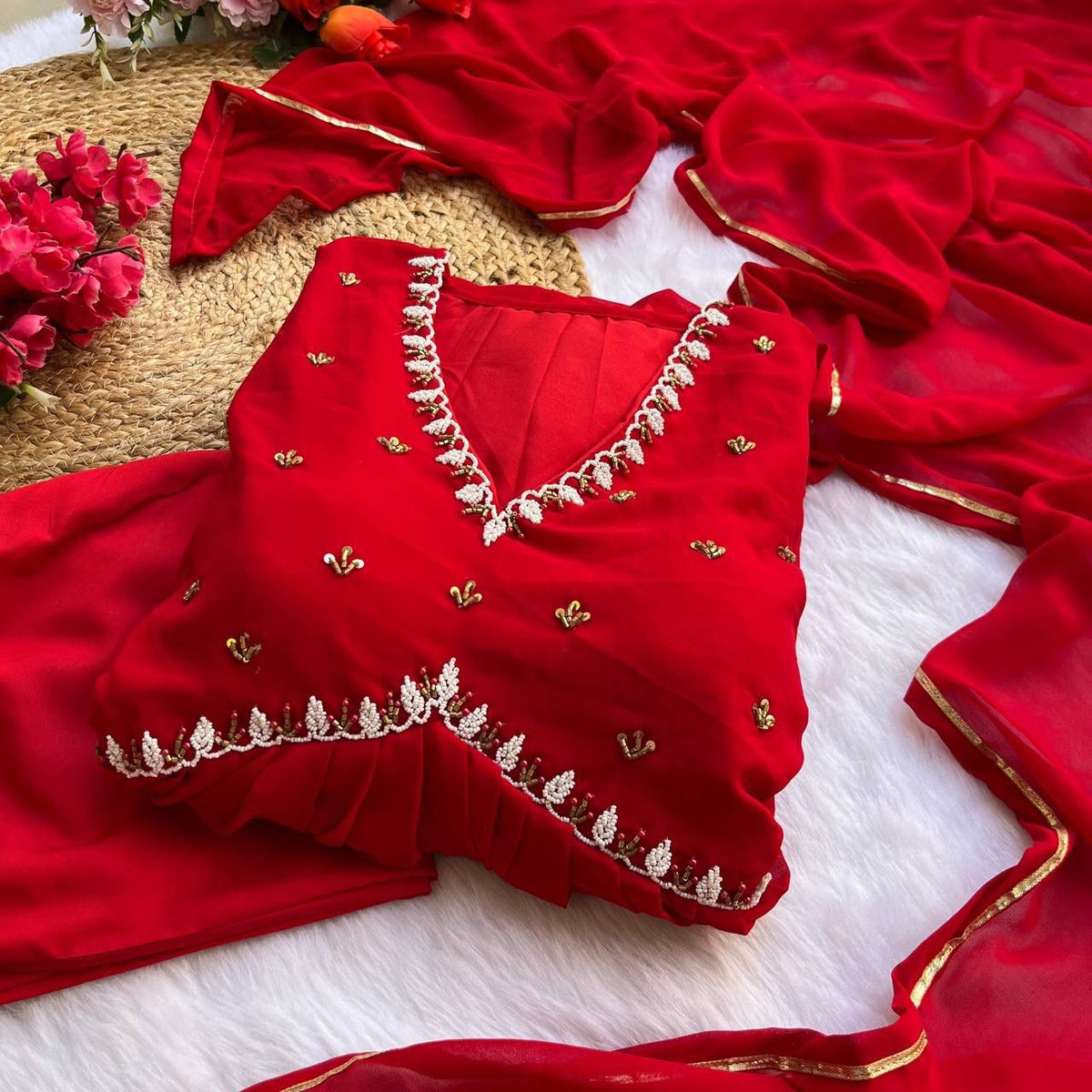 Beautiful Party-wear Red Blooming Georgette Gown