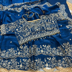 Party-wear Fendy Satin Silk Embroidery & Sequence Work Saree With Stitched Blouse