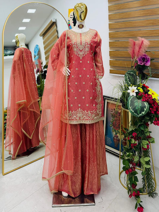 Designer Party-wear Fendy Silk Embroidery Sequence & Diamond Handwork Suit
