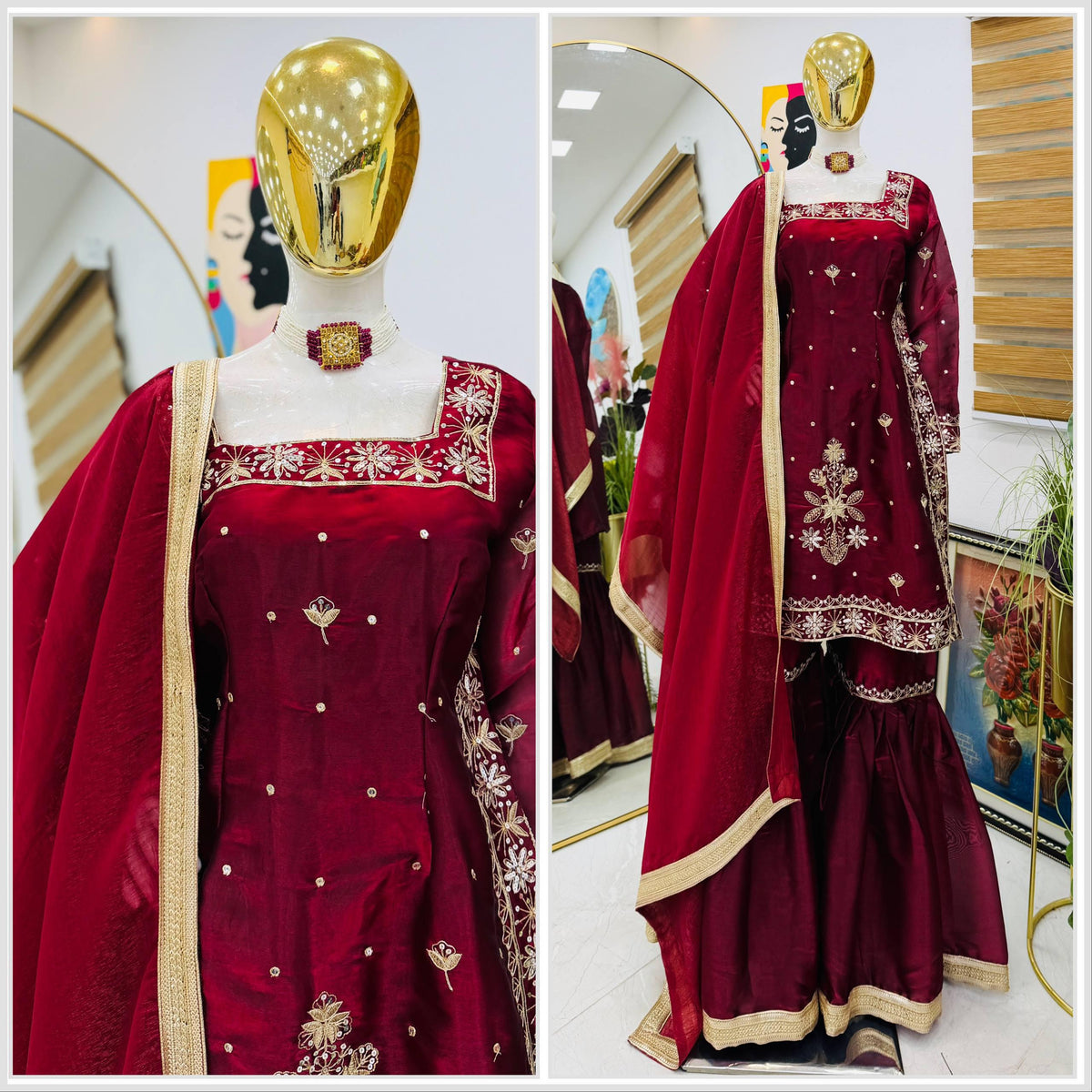 Party-wear Jimmy Choo Cording Embroidery Sequence Work Top palazzo Set