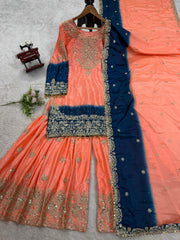 Beautiful Designer Heavy Chinon Silk Coding & Sequence With Pearl Work Sharara