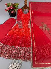 Party-wear Georgette Embroidery Sequence Work Digital Printed Work Gown