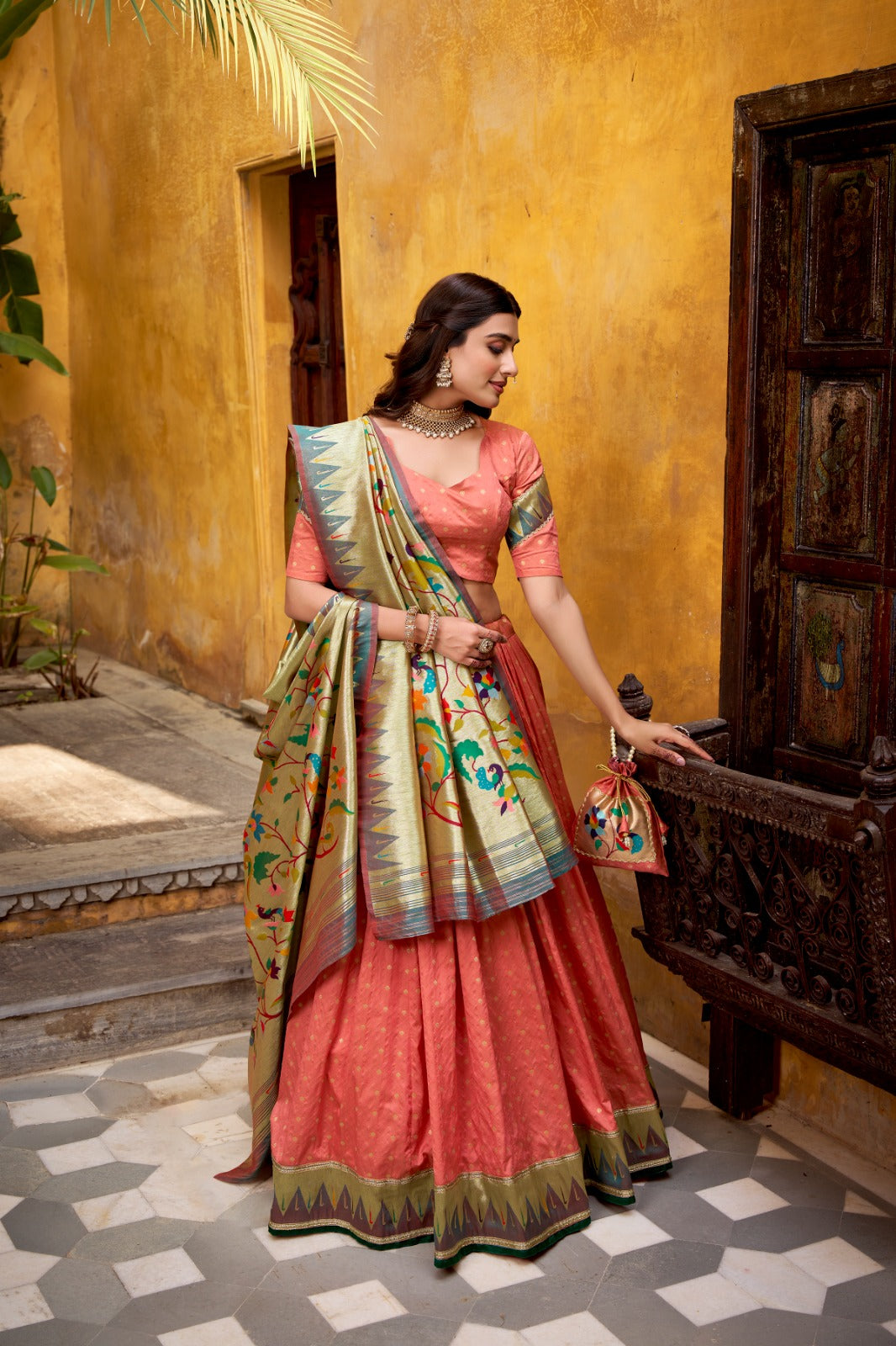 Traditional Silk Paithani Zari Weaving Work With Lace Border Lehenga Choli