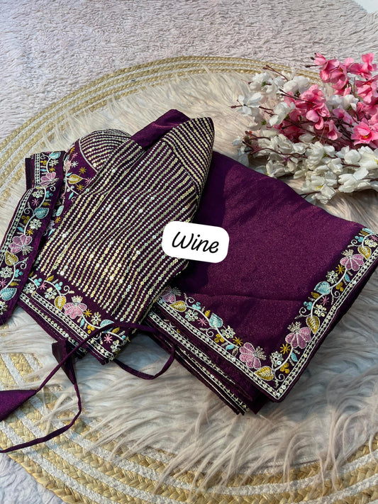 Party-wear Shining Moss Silk Embroidery With Sequence Work Saree With Stitched Blouse