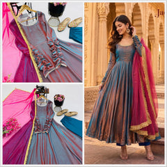 Party-wear Fendy Silk Gown Pant & Dupatta Set