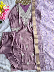 Beautiful Roman Silk With Embroidery Cotton Thread Work Dress