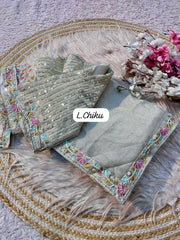 Party-wear Shining Moss Silk Embroidery With Sequence Work Saree With Stitched Blouse