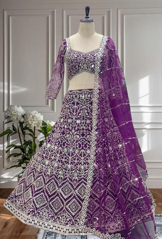 Party-wear Net Embroidery Sequence Coding Designer Work Lehenga Choli