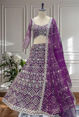 Party-wear Net Embroidery Sequence Coding Designer Work Lehenga Choli