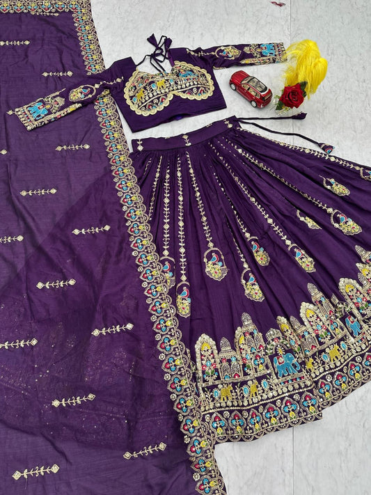 Festive Special Vichitra Silk Embroidery Coding Sequence Work Lehenga With Stitched Blouse