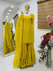 Party-wear Designer Ruffle Style Top Palazzo & Dupatta Set