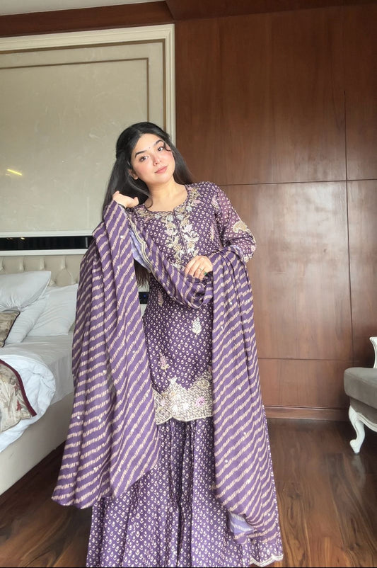 Party-wear Chinon Silk Printed Embroidery Work Sharara