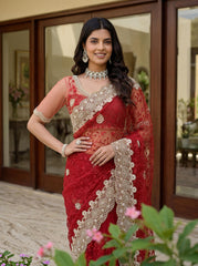 Party-wear Net Embroidery With Pearls Diamond Work Saree