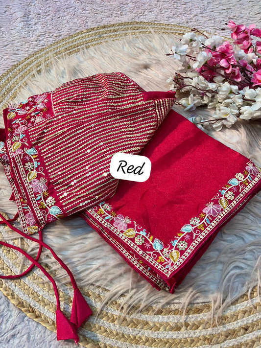 Party-wear Shining Moss Silk Embroidery With Sequence Work Saree With Stitched Blouse