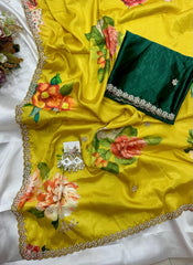 Beautiful Smooth Chinnon Embroidery Printed Work Saree