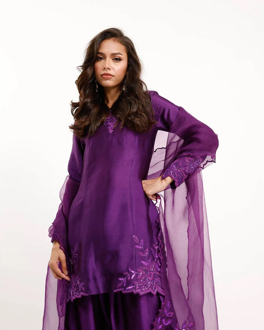 Stylish Purple Natural Crepe Beads With Thread Work Sharara Set