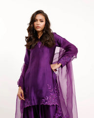Stylish Purple Natural Crepe Beads With Thread Work Sharara Set
