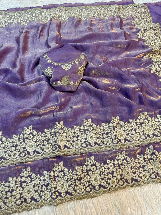 Beautiful Designer Pure Fendy Satin Silk Embroidery Border Work Saree