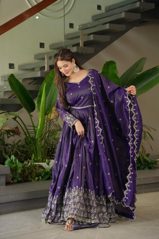 Designer Party-wear Heavy Shimmer Silk Embroidery Sequence Work Gown