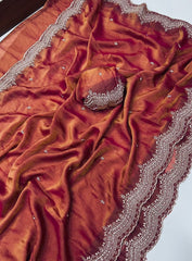 Beautiful Moss Satin Dual Shade Multi Embroidery Work Saree