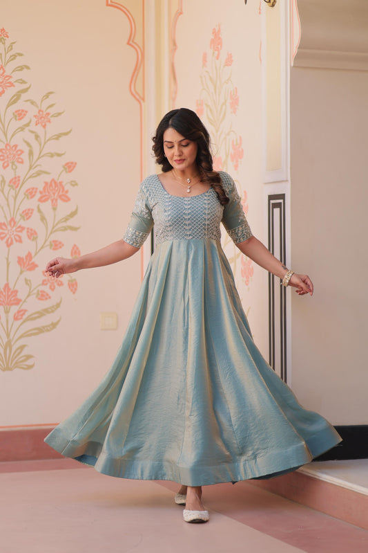 Beautiful Party-wear Fendy Designer With Beads Embroidered Work Gown