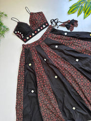 Navratri Special Ajrakh Cotton With Slub Cotton Mirror Work Lehenga With Stitched Blouse