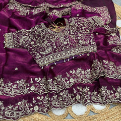 Party-wear Fendy Satin Silk Embroidery & Sequence Work Saree With Stitched Blouse