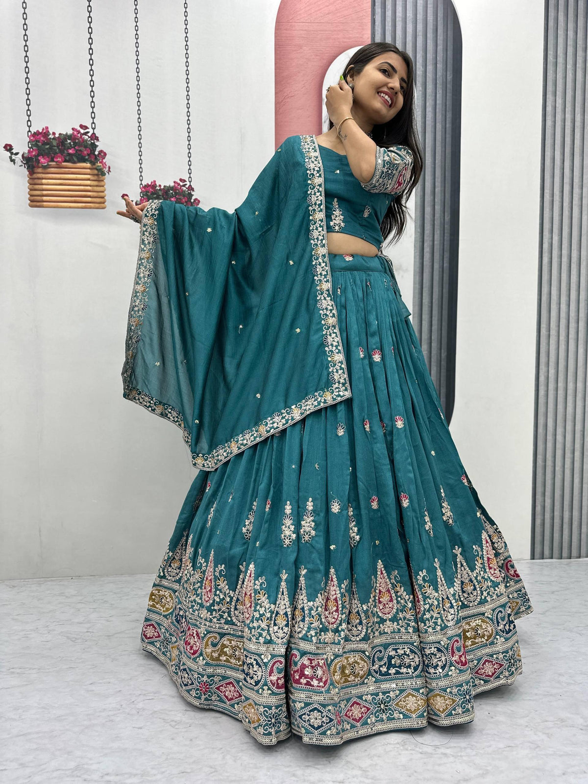 Festive Vichitra Embroidery Coding Sequence & Thread Work Lehenga With Stitched Blouse