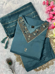 Beautiful Roman Silk With Embroidery With Sequence Work Denim Blue Dress