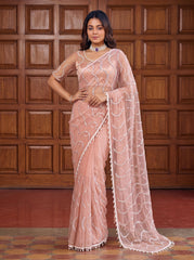Party-wear Net Bits Sequence Pearls Embroidery Work Saree