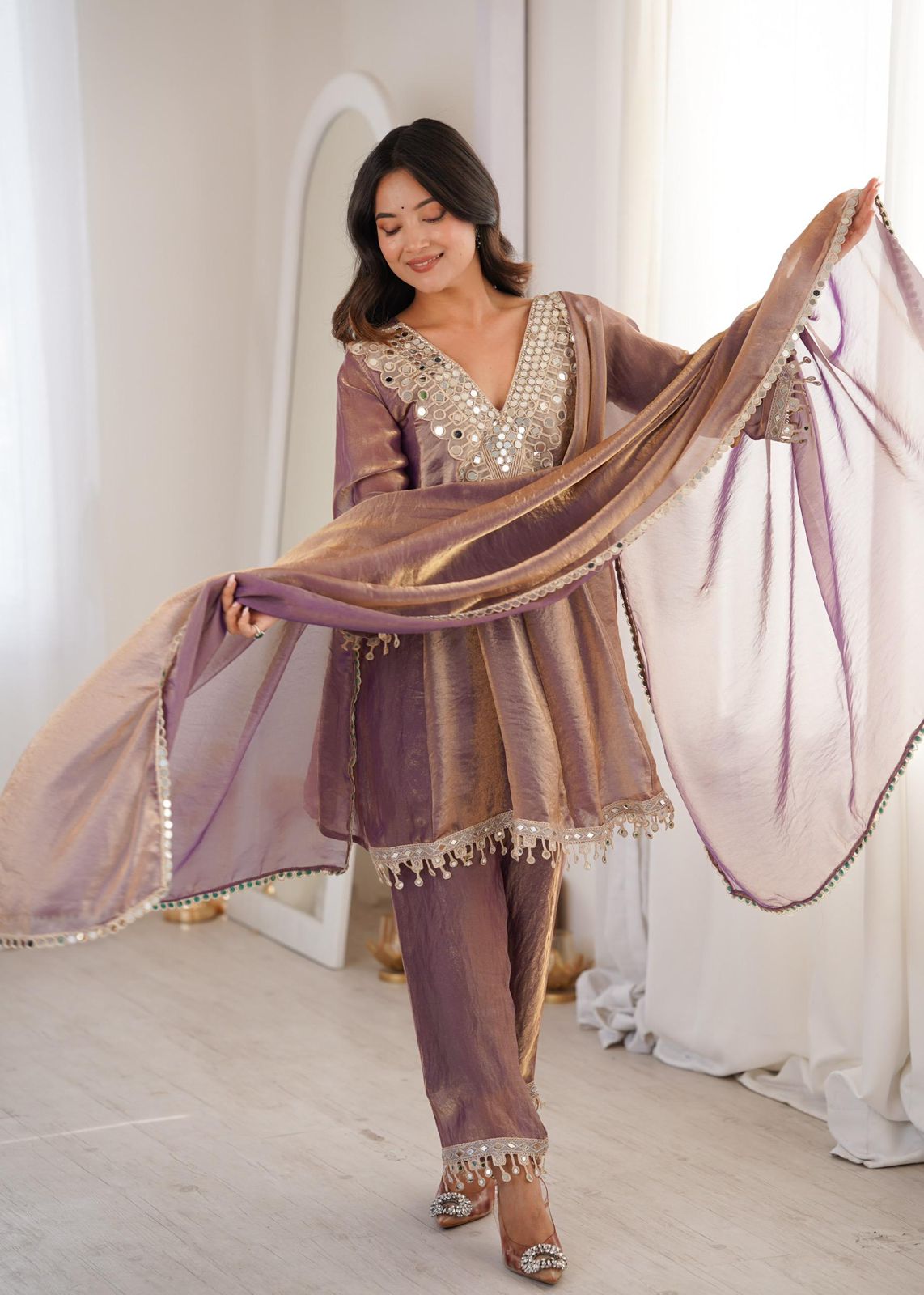 Trendy Stylish Fendy Kurti With Real Mirror Embroidered Work Bottom Dupatta