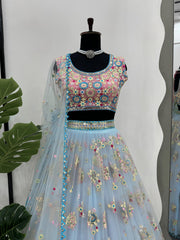 Partywear Sky Blue Butterfly Net Thread With Sequence Work Lehenga Choli