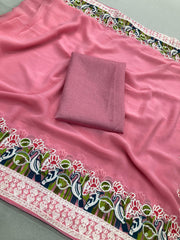 Beautiful Pink Party-wear Soft Georgette Embroidery Work Saree