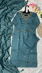 Beautiful Roman Silk With Embroidery With Sequence Work Denim Blue Dress