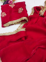 Partywere Soft Silk Satin designer Lace Work Saree