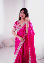 Trending Pink Jimmy Choo With Embroidery Thread & Coding Work Saree