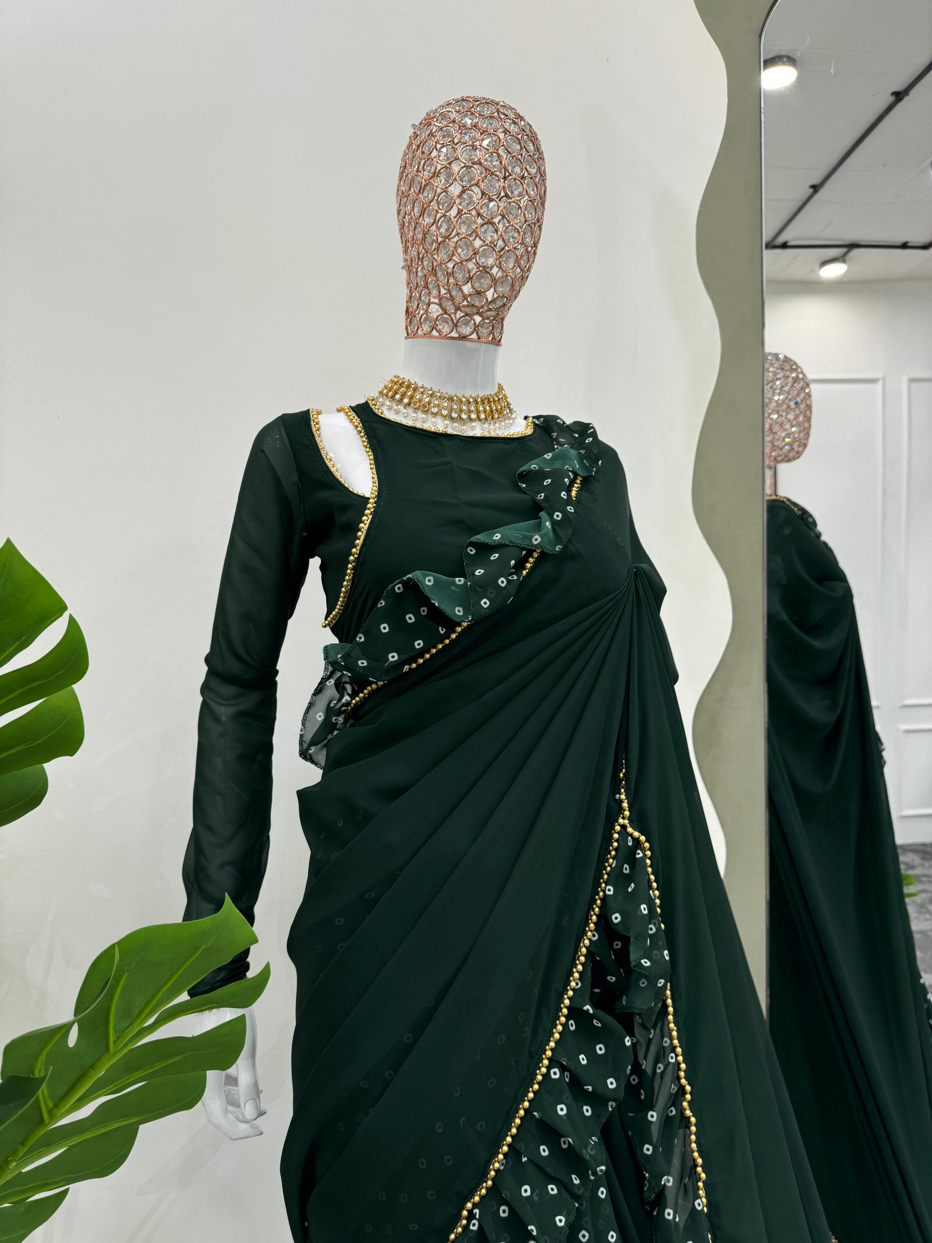 Party-wear Green Designer Georgette Digital Printed With Ruffle Ready To Wear Saree