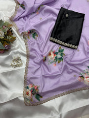 Beautiful Smooth Chinnon Embroidery Printed Work Saree