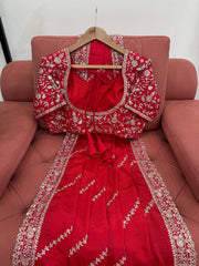 Beautiful Designer Red Chinon Silk Party-wear Saree